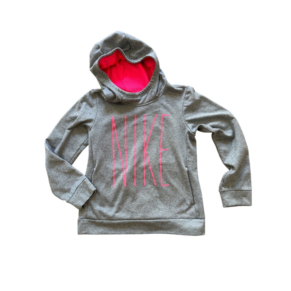 Nike Girls Dri-FIT Heather Gray Pink Logo Fleece Hoodie Sweatshirt Size L 12-14